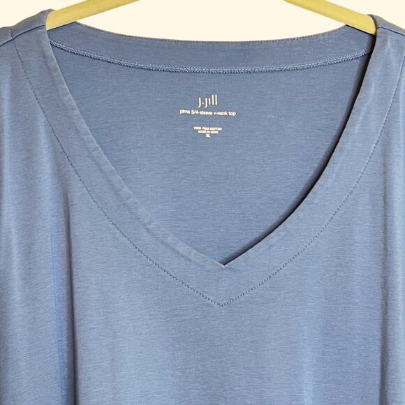 J Jill Womens Pima Cotton Top XL Blue V-Neck 3/4 Sleeve Pullover - Picture 2 of 6